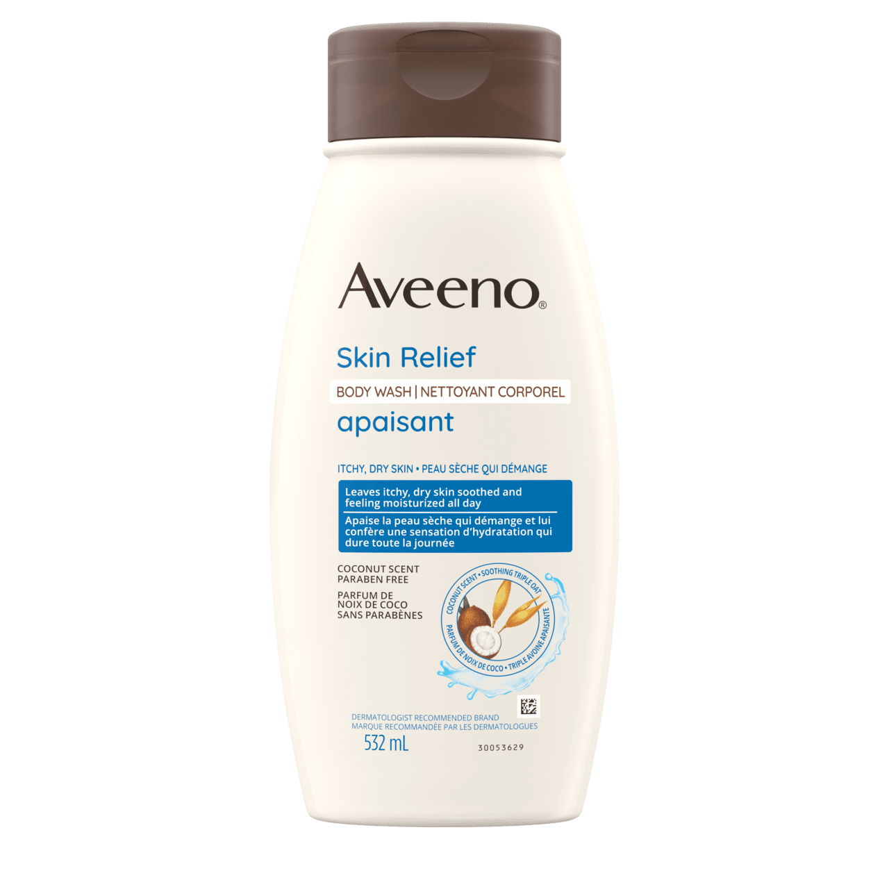 Panneau avant du flacon compressible de 532 ml du gel nettoyant apaisant pour le corps AVEENO® au doux parfum de noix de coco