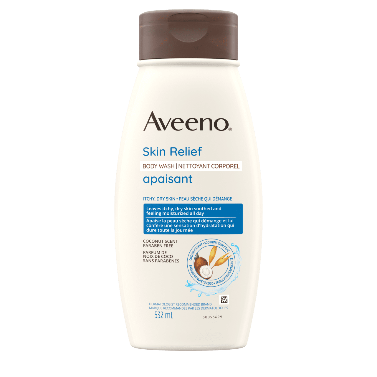Photo avant du gel nettoyant apaisant à la noix de coco d’AVEENO®, bouteille compressible de 532 mL