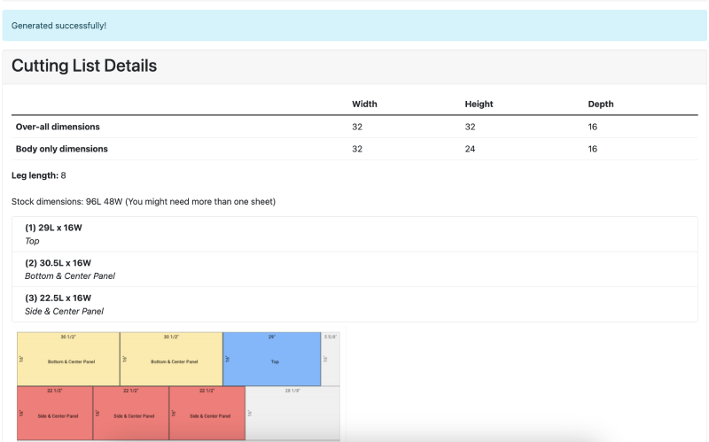 Auto Generated Cutting List and Materials
