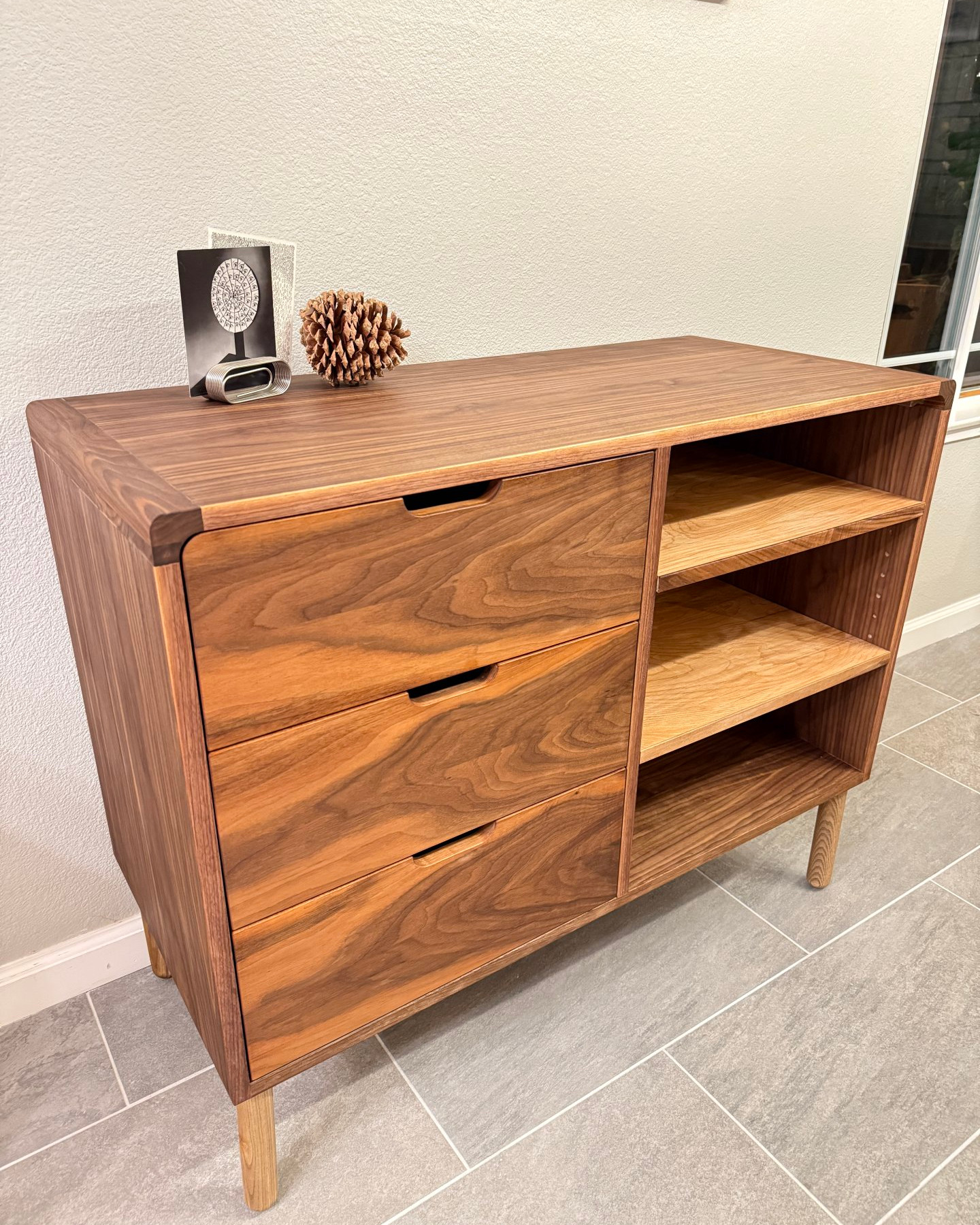 Japanese Style Walnut Side Cabinet - Stunning Drawer Faces