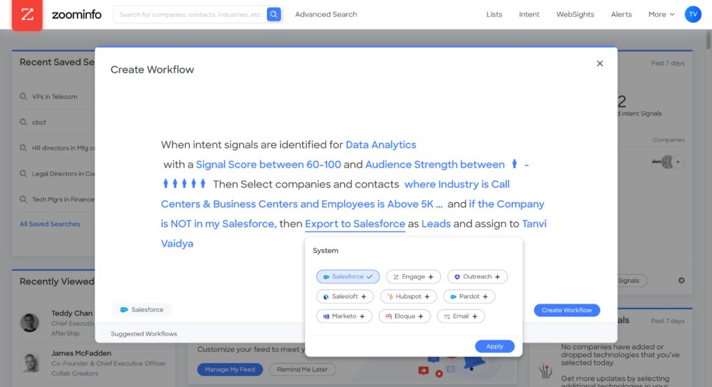 When intent signals are identified for data analytics with a signal score between 60-100, then select companies and contacts where industry is call centers & business centers and employees is above 5k.