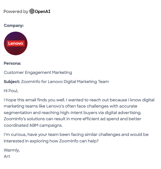 Screenshot of a ChatGPT-generated email template taken from
ZoomInfo’s GTM Plays library