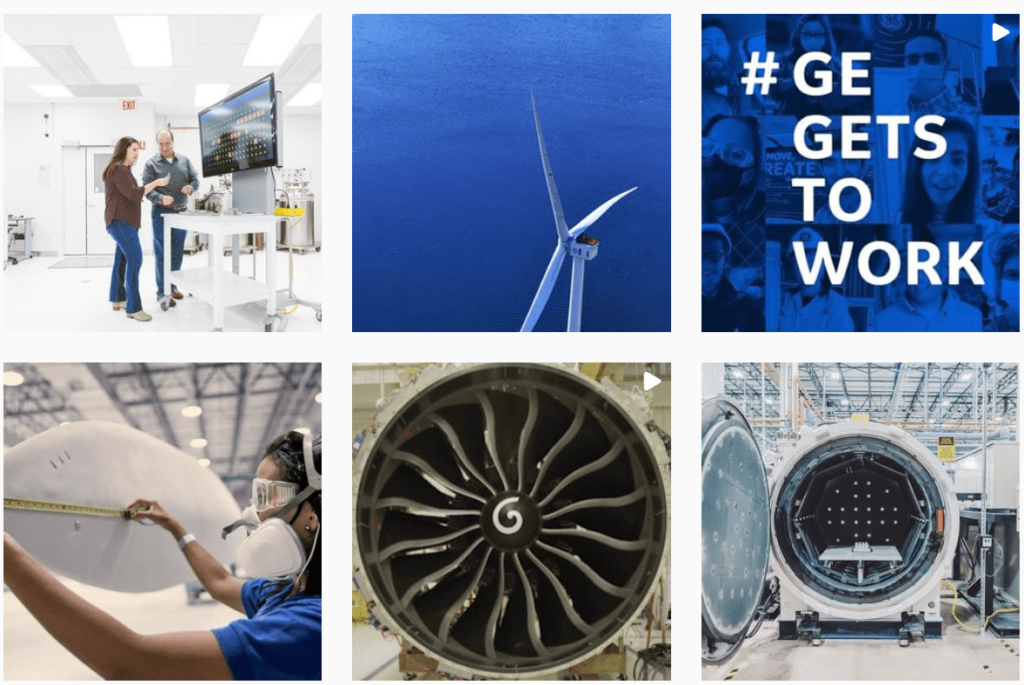 Screensho of GE's Instagram page, featuring artful shots of products and employees. An example of brand storytelling.