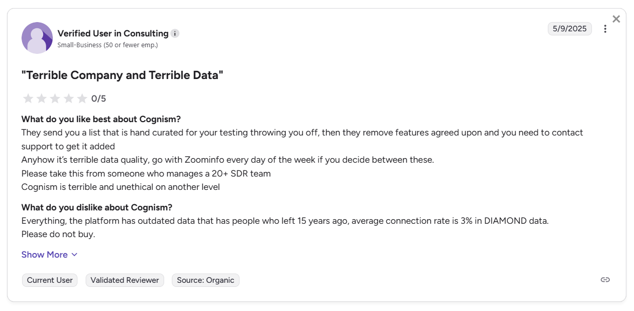 Cognism negative G2 review screenshot
