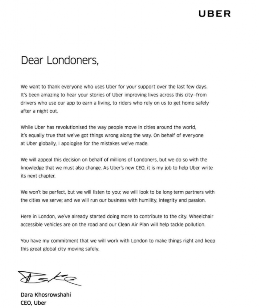 Screenshot of a letter from Uber responding to negative reviews.