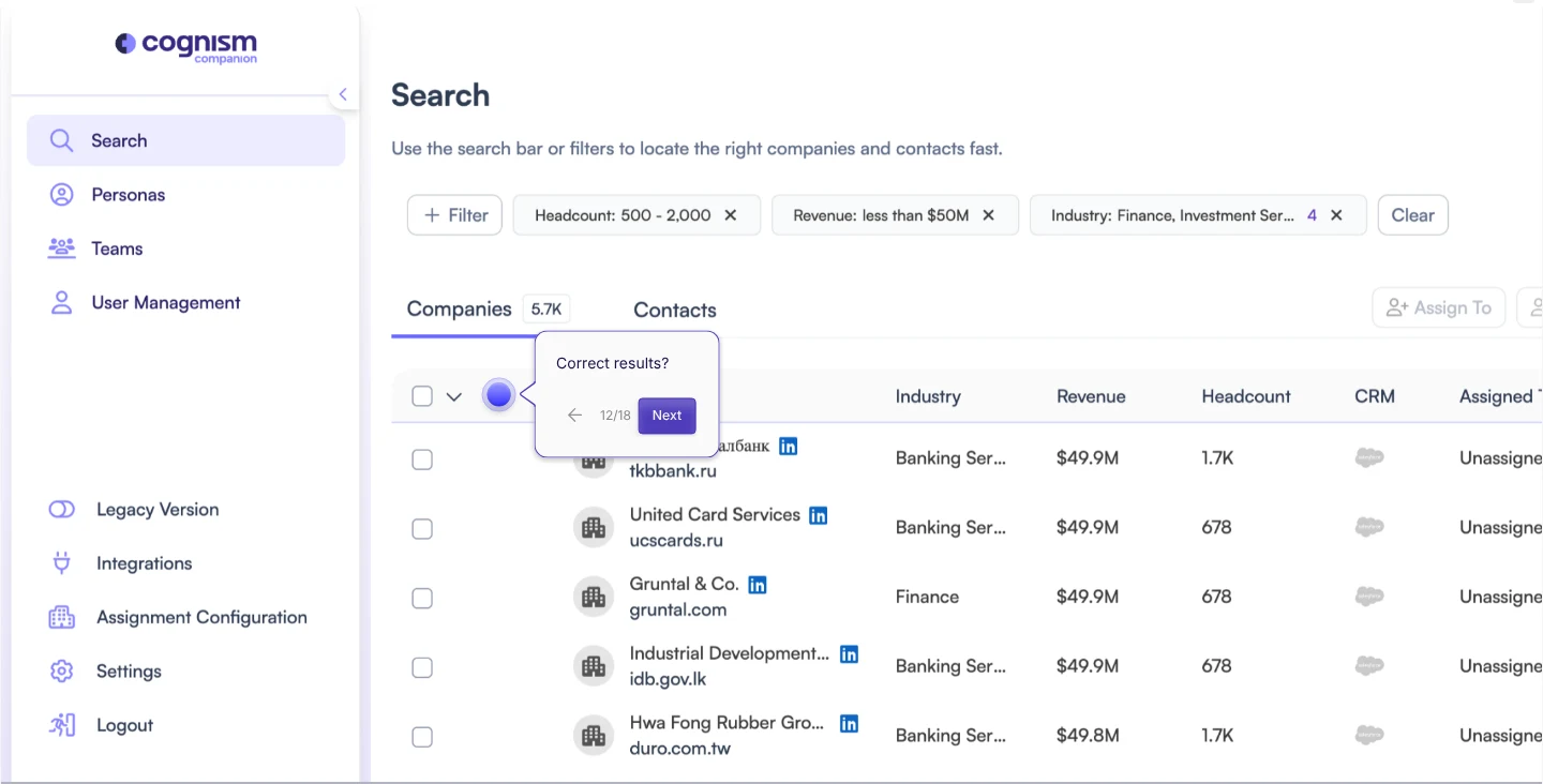 Cognism self-serve demo: company search filtered by headcount, revenue and industry, ready to assign to reps