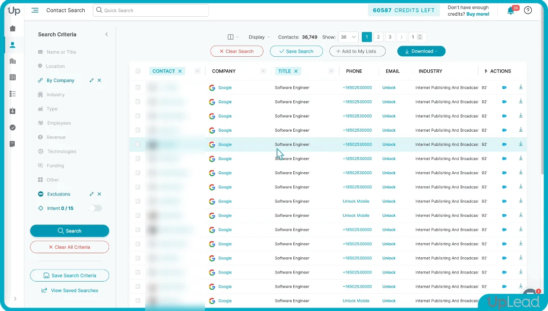 UpLead contact search with filters, from UpLead's help center (contact names blurred)