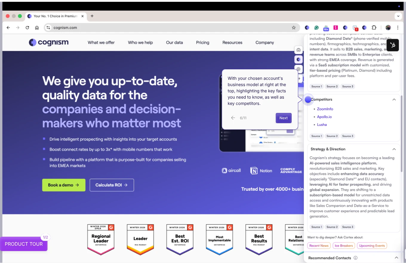 Cognism self-serve demo: Research by Cognism AI summary in the browser extension, with competitors and strategy