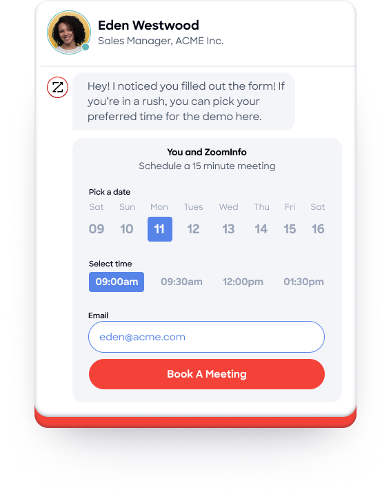 Screenshot show ZoomInfo Chat's online meeting scheduler.