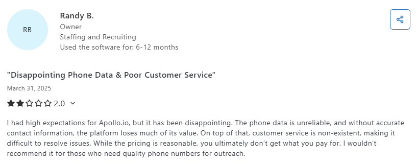 Apollo negative Capterra review screenshot 2