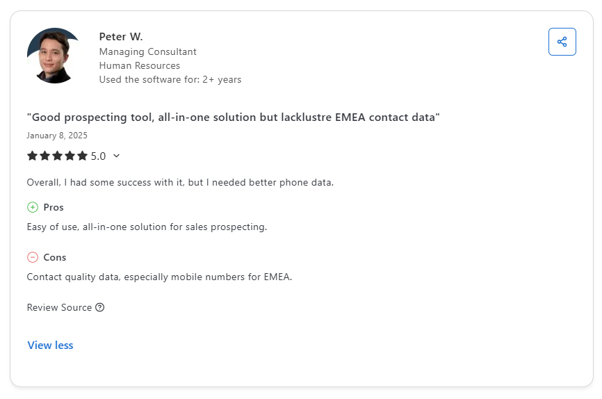 Apollo negative Capterra review screenshot