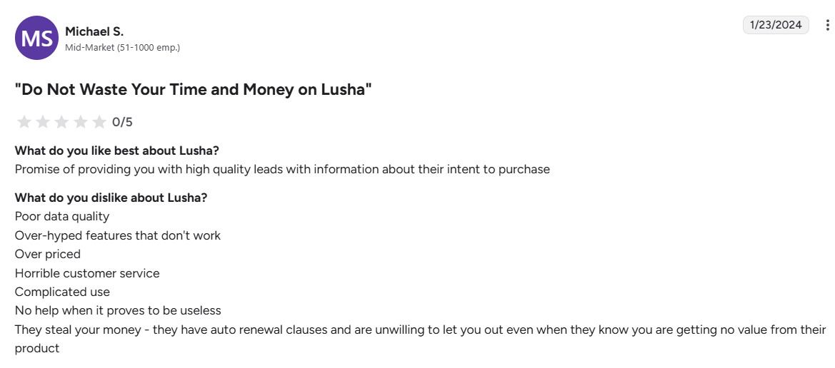 lusha-g2-negative-review-screenshot-3