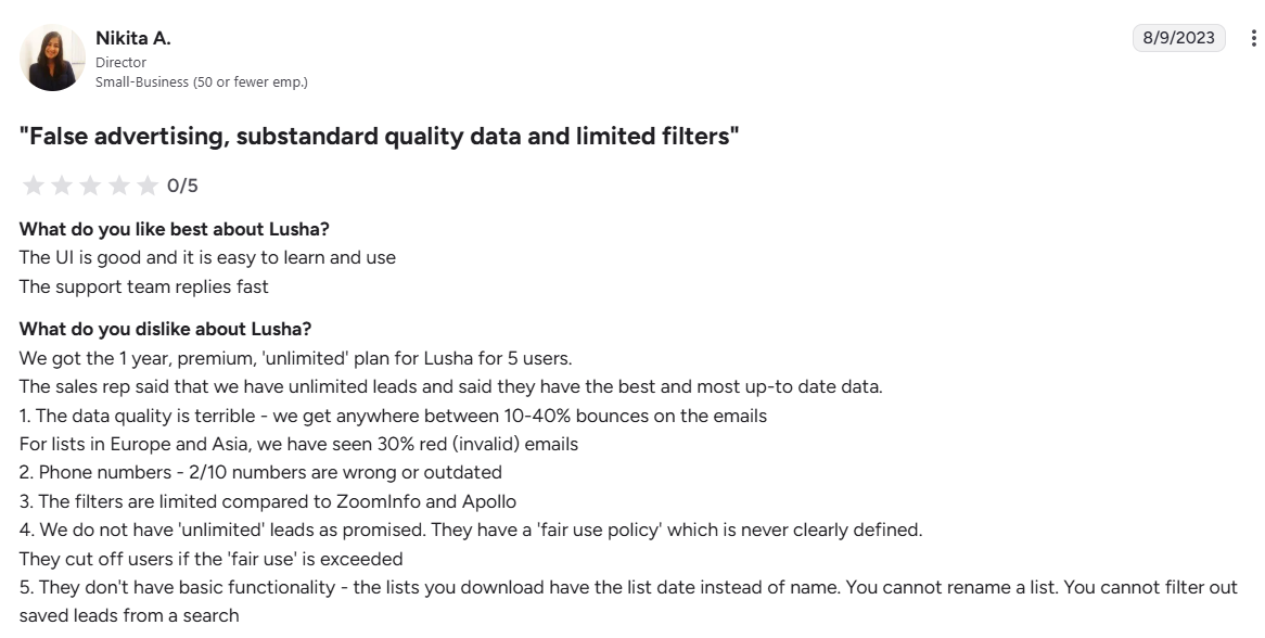 lusha-g2-negative-review-screenshot-2