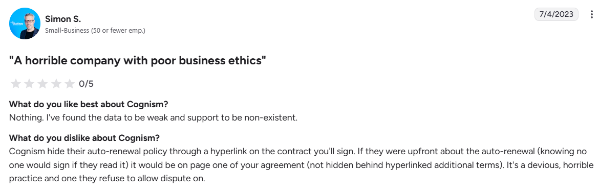 Cognism negative G2 review screenshot 5