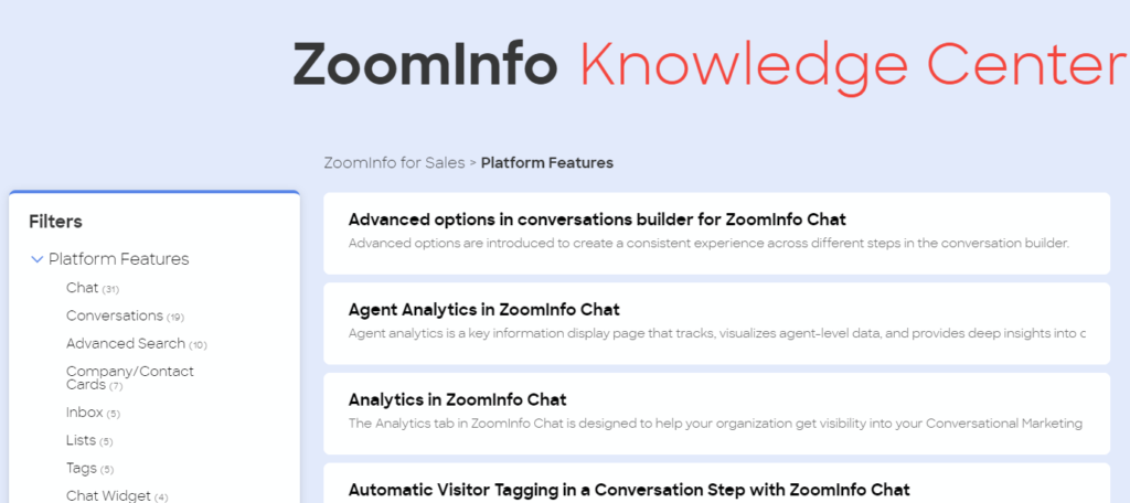 Screenshot of ZoomInfo's Knowledge Center