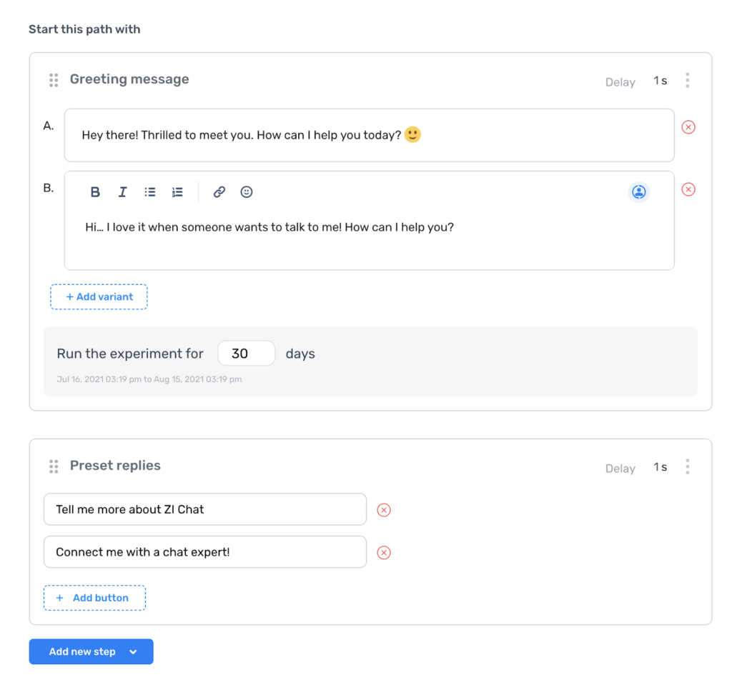 Screenshots show how ZoomInfo Chat's chatflow builder creates preset message responses.
