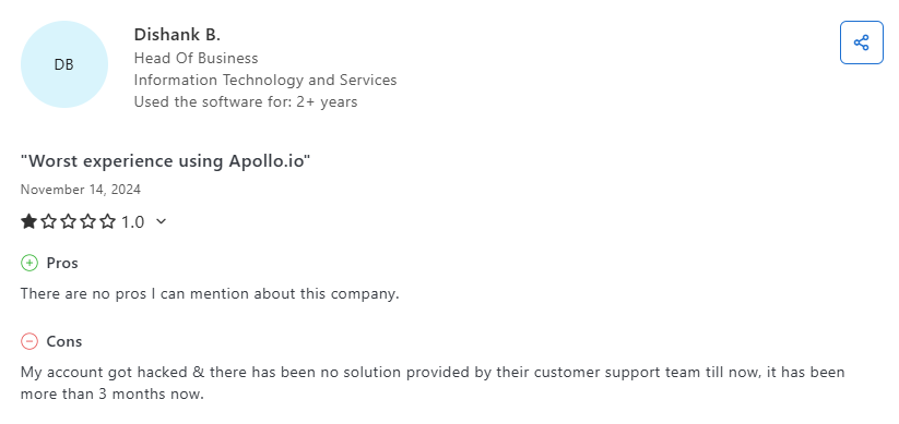 Apollo negative Capterra review screenshot 3