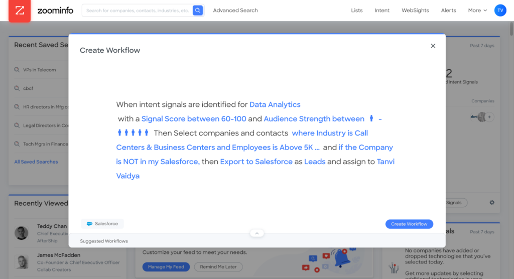When intent signals are identified for data analytics with a signal score between 60-100, then select companies and contacts where industry is call centers & business centers and employees is above 5k.