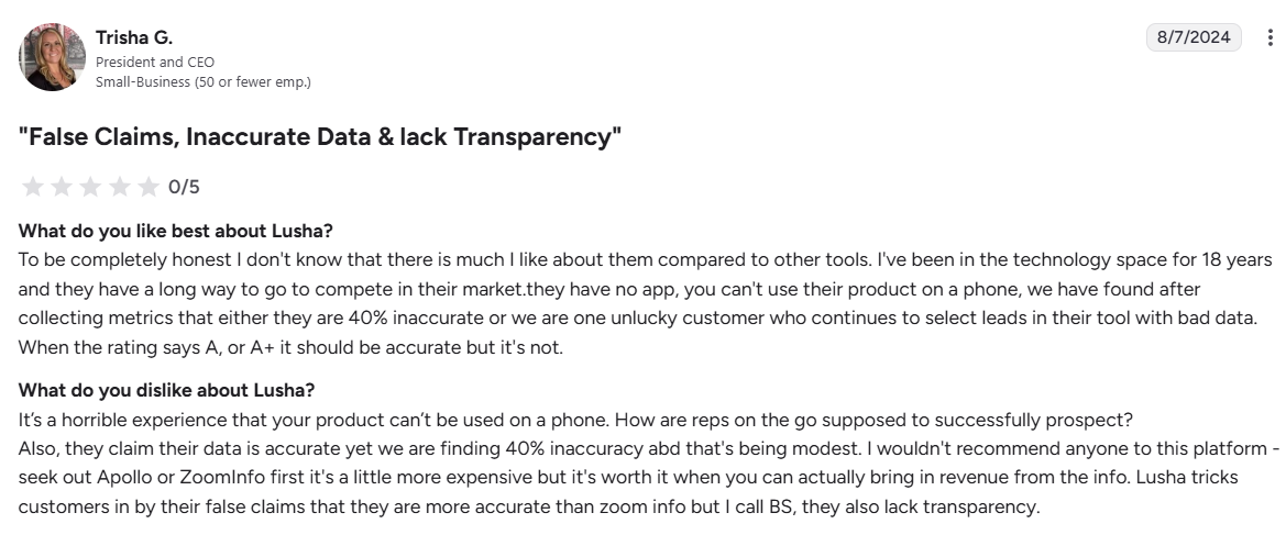 lusha-g2-negative-review-screenshot