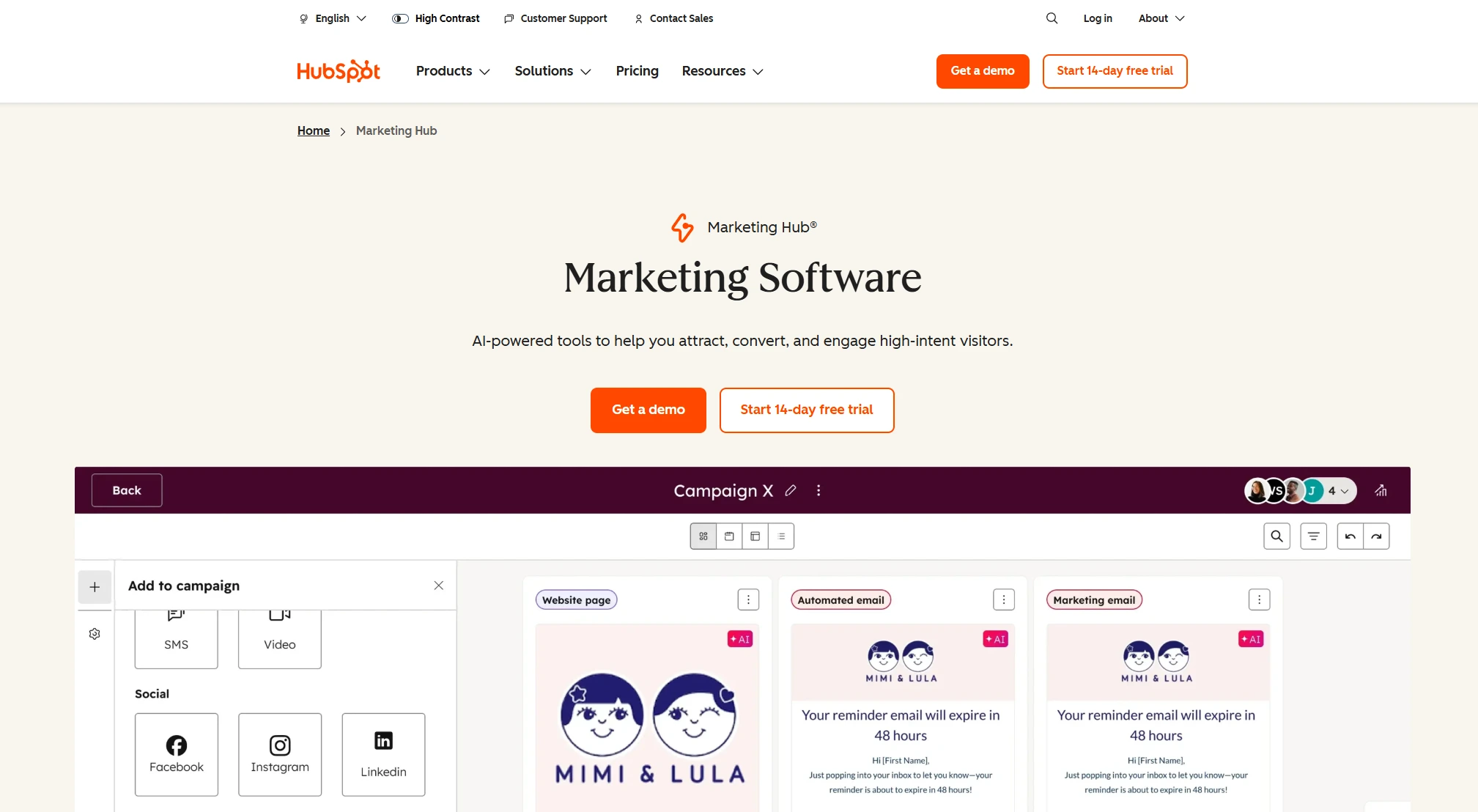 HubSpot Marketing homepage