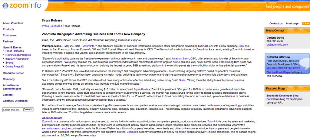 Screenshot of old ZoomInfo press release.