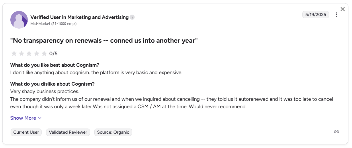 Cognism negative G2 review screenshot 4
