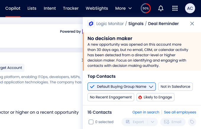 Deal Risk Alerts for no decision-maker identified in ZoomInfo Copilot.