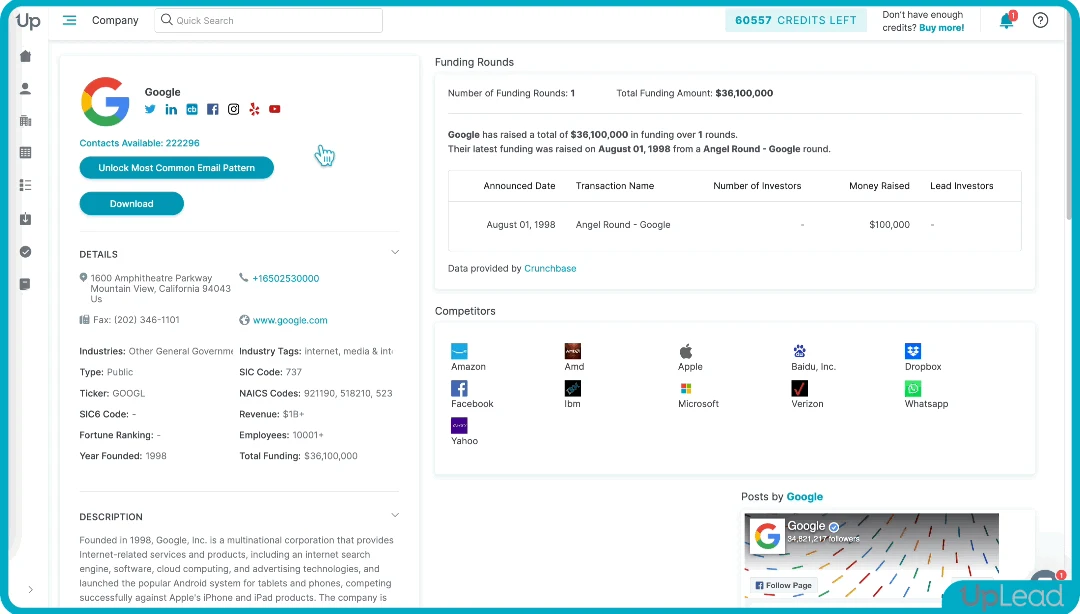 UpLead company profile with firmographics, funding and competitors, from UpLead's help center