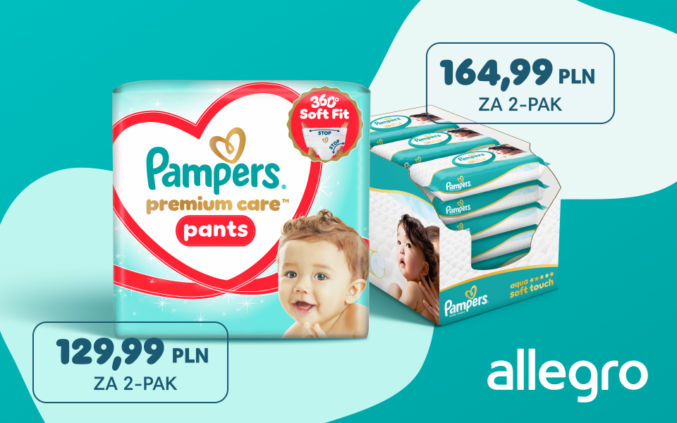 Obok opakowania Premium Care Pants znajduje się plakietka z napisem: „129,99 zł za 2-pak”. Przy paczkach chusteczek Aqua Soft Touch widnieje plakietka „164,99 zł za 2-pak”. W prawym dolnym rogu widnieje logo Allegro.