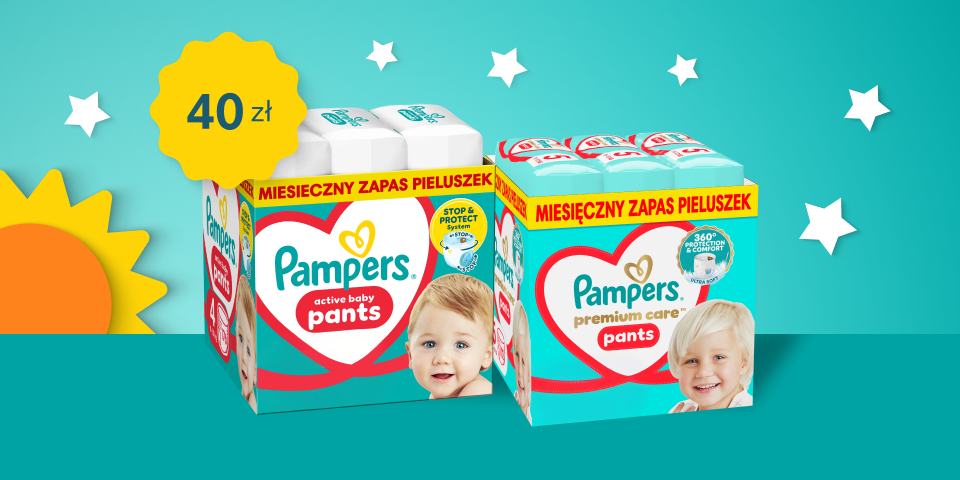 Na tle w kolorze turkusowym, słońce wyłania się z dolnej części kadru, a w tle widać rozrzucone rysunkowe gwiazdki. Obok słońca na podium stoją 2 opakowania Pampers Pants.