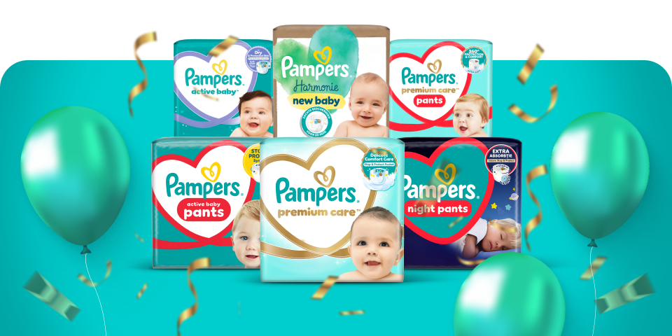 Na tle kolorowych balonów i girland stoją opakowania Pampers Premium Care Pants, Pants Mainline, Premium Care, Active Baby, Harmonie, Harmonie Pants oraz Night Pants.