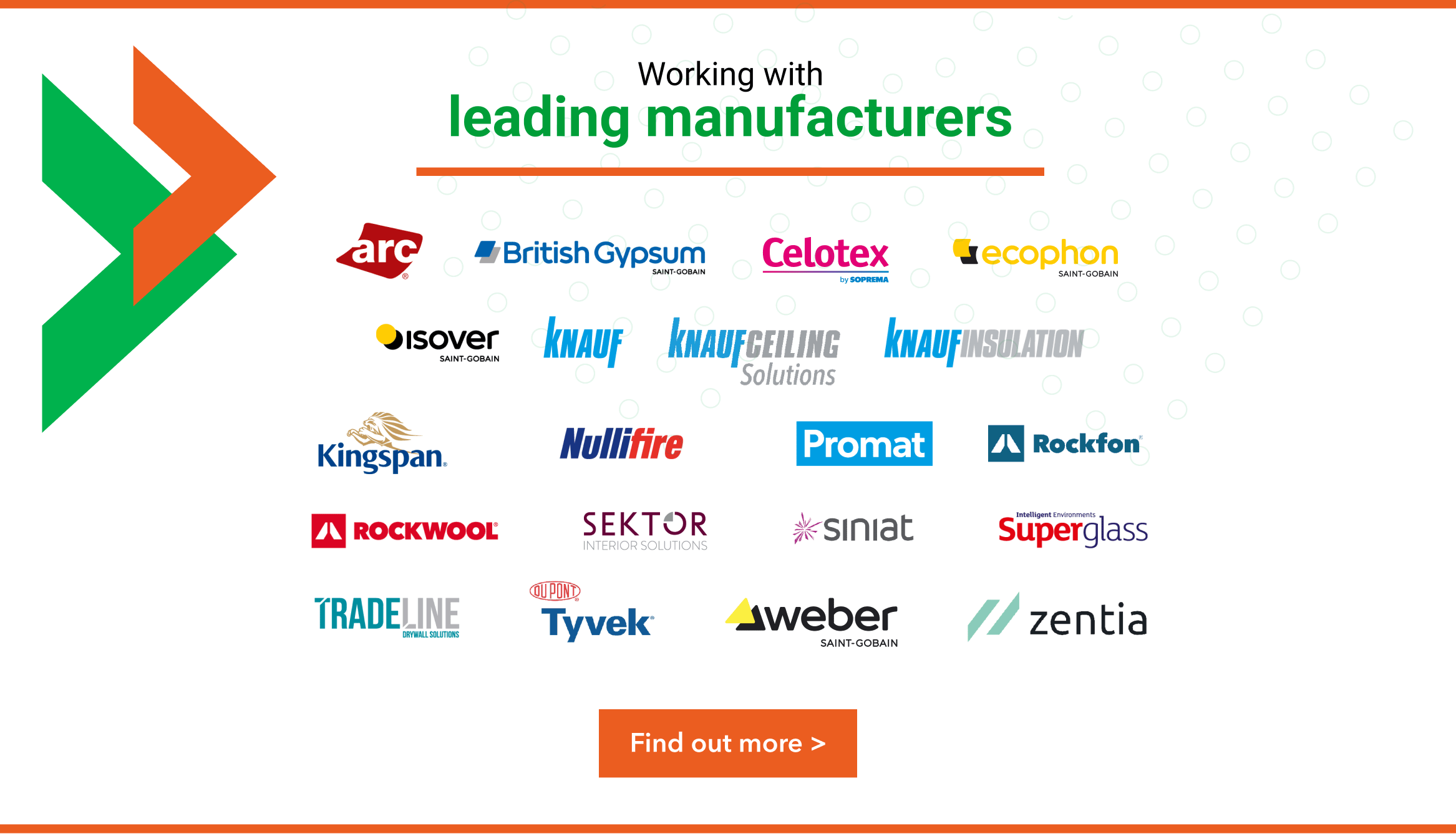 A list of CCF suppliers logos including Rockwool, Knauf, Metsc, isover, Knauf Insulation, Promat, Zentia Ecophon, Tyvek, Celotex and more.