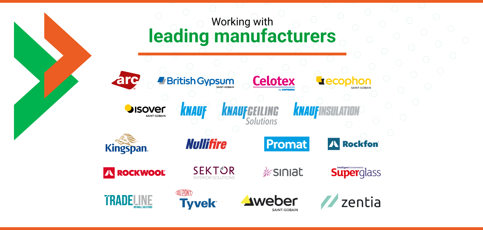 A list of CCF suppliers logos including Rockwool, Knauf, Metsc, isover, Knauf Insulation, Promat, Zentia Ecophon, Tyvek, Celotex and more.