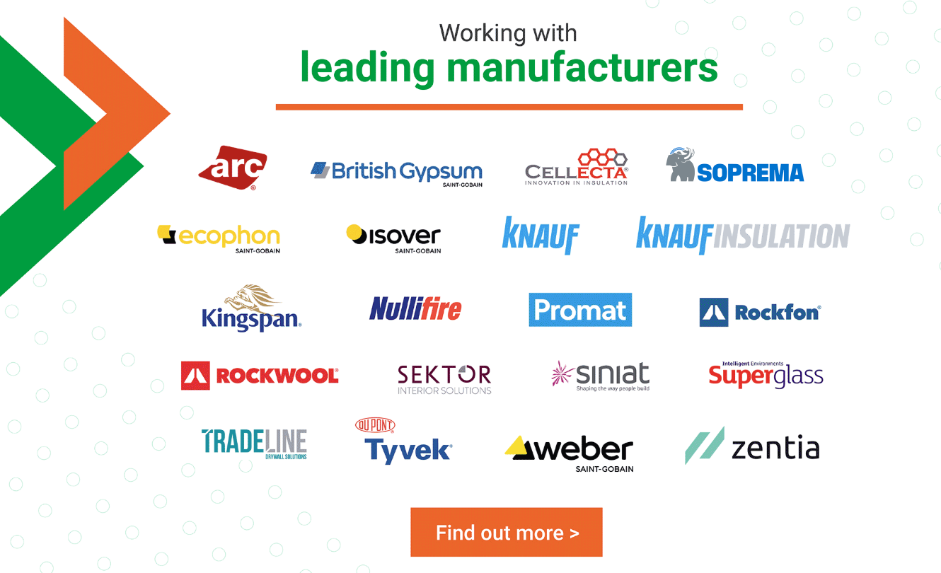 A list of CCF suppliers logos including Rockwool, Knauf, Metsc, isover, Knauf Insulation, Promat, Zentia Ecophon, Tyvek, Celotex and more.