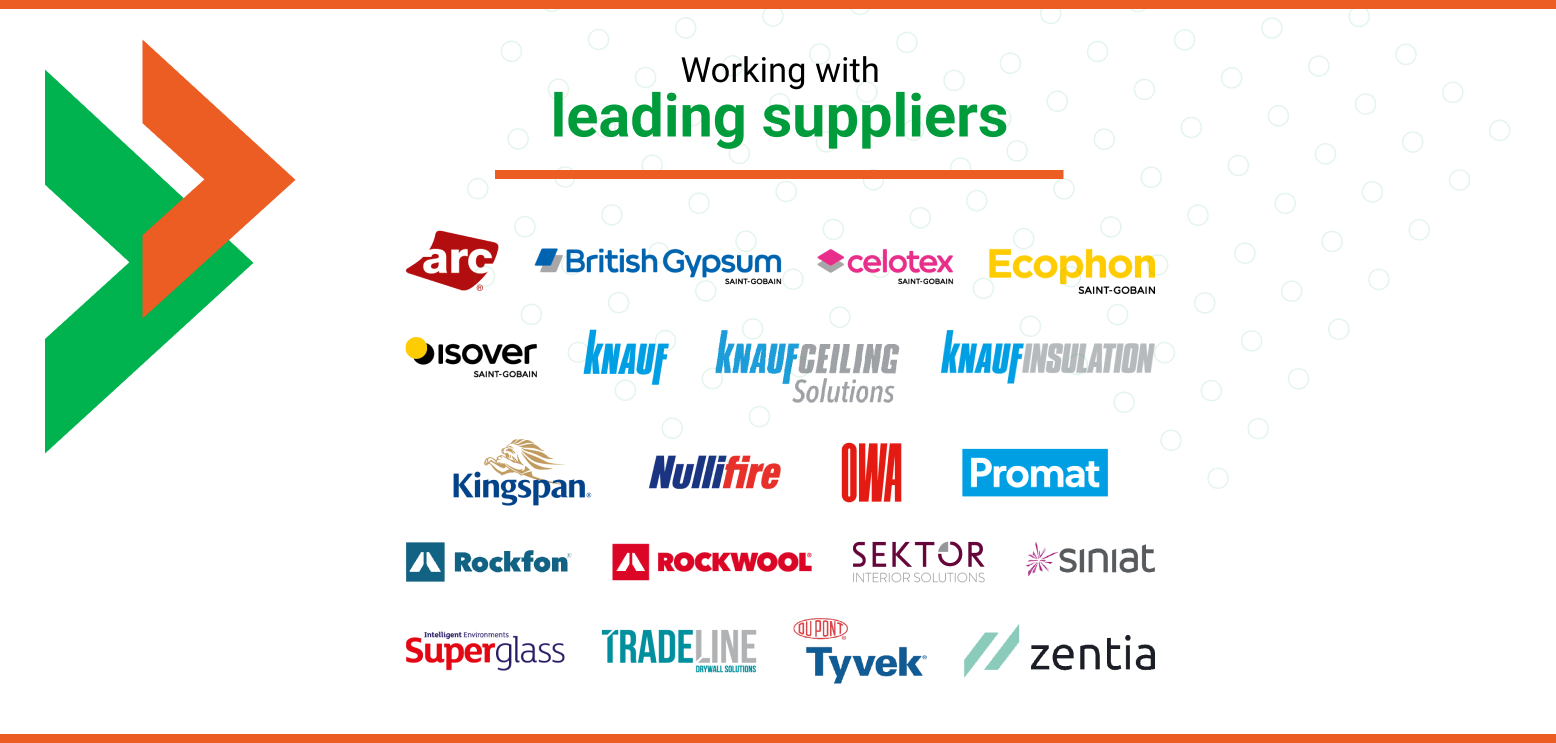 A list of CCF suppliers logos including Rockwool, Knauf, Metsc, isover, Knauf Insulation, OWA, Promat, Zentia Ecophon, Tyvek, Celotex and more.
