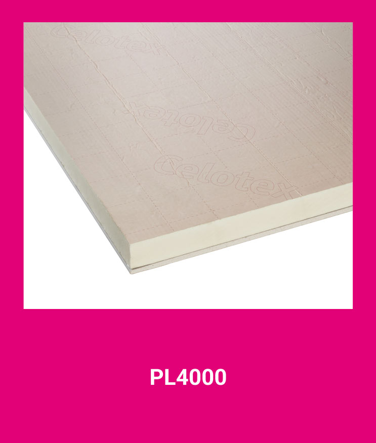 The image shows Celotex's PL4000 PIR Thermal Laminate Insulation Board