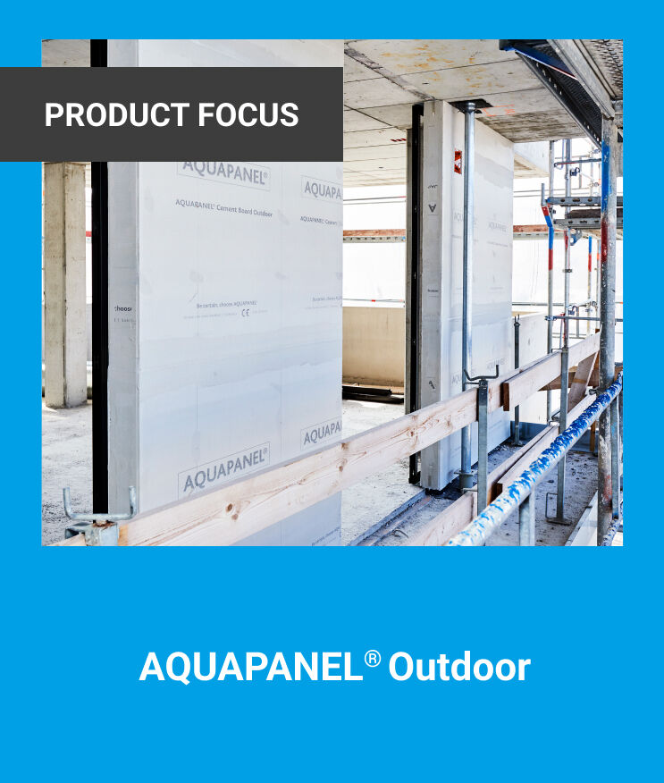 The image shows knauf’s AQUAPANEL Outdoor range