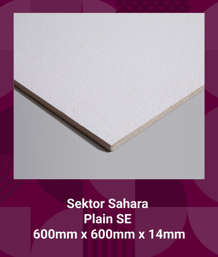 The image shows a Sektor Sahara Plain SE 600mm x 600mm x 14mm ceiling tile