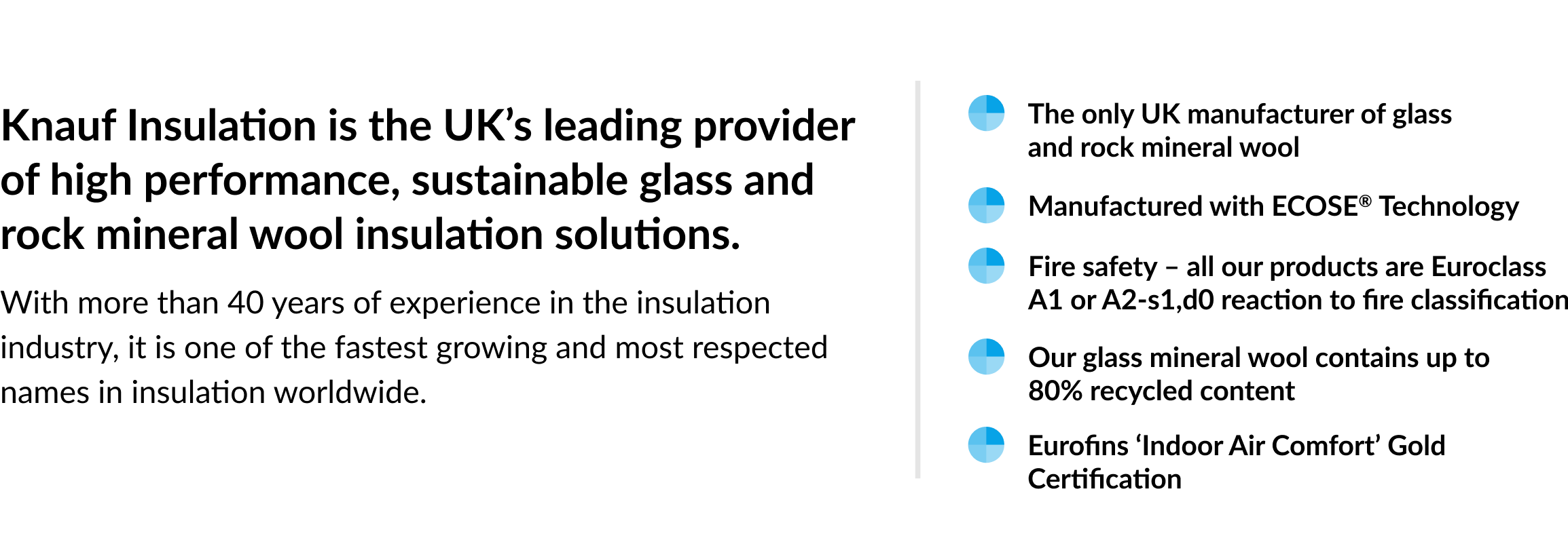 The image contains a paragraph and bullet points about the characteristics and attributes of knauf insulation