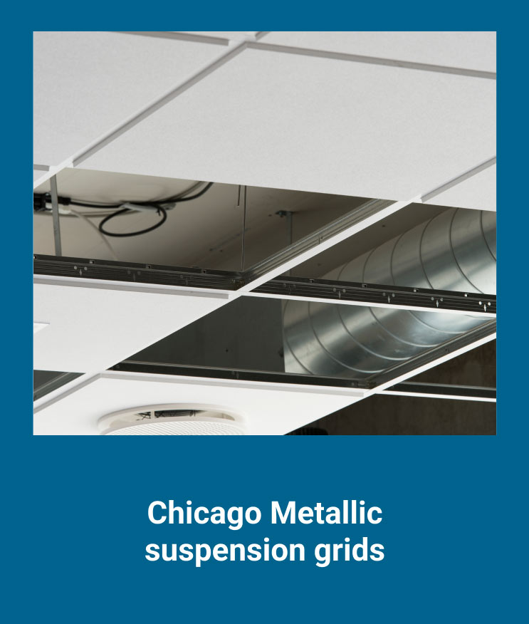 The image shows Rockfon’s chicago metallic suspension grids.