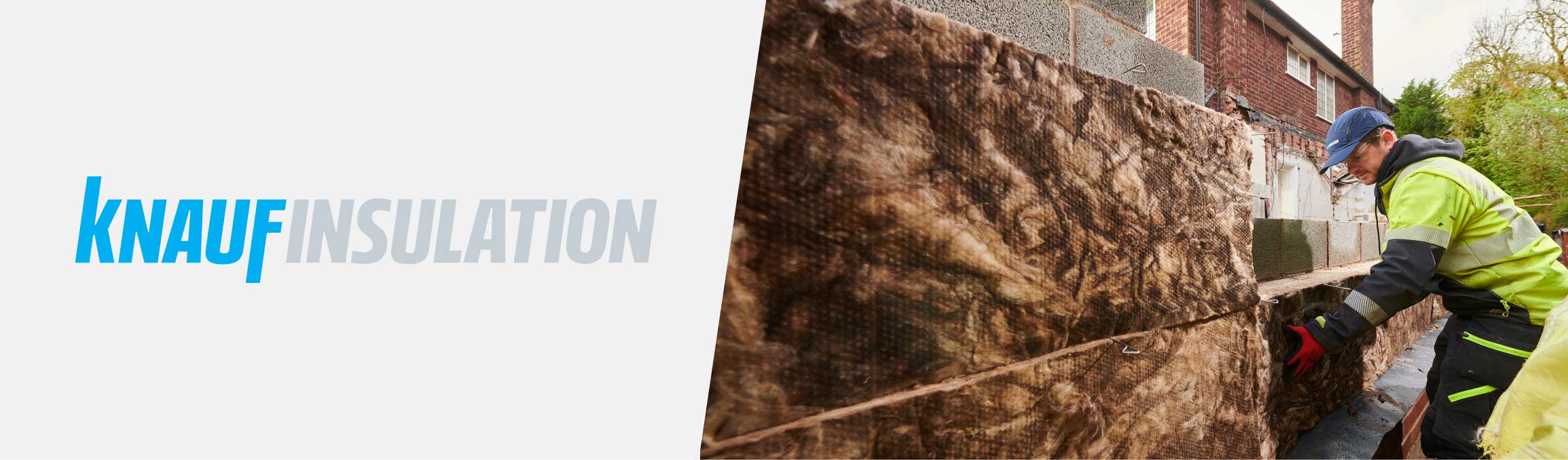 The image showcases the knauf insulation logo on the left side and a construction worker on the right side