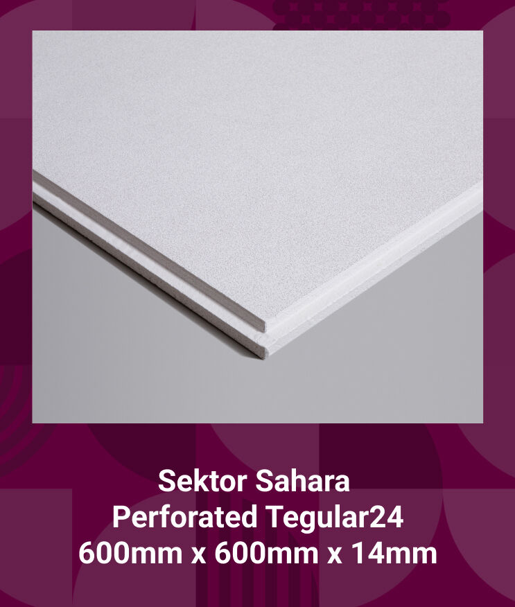 The image shows a Sektor Sahara Perforated Tegular24 600mm x 600mm x 14mm ceiling tile