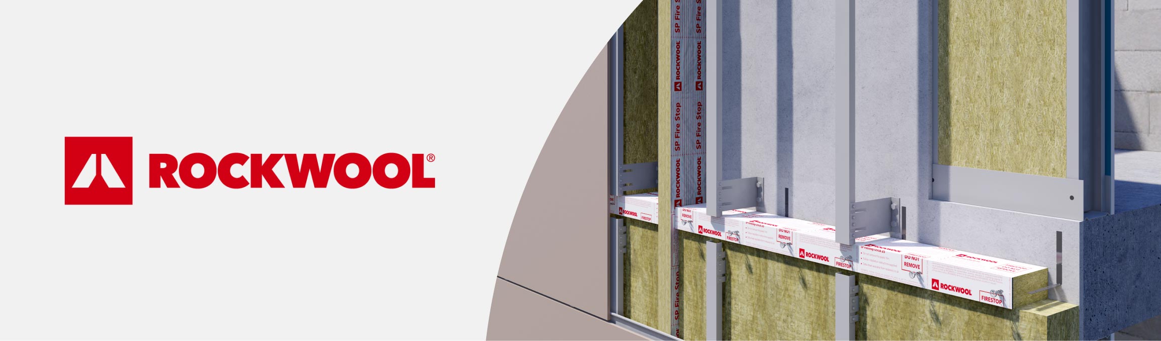 The image showcases the Rockwool logo on the left side and Rockwool rainscreen products on the right side