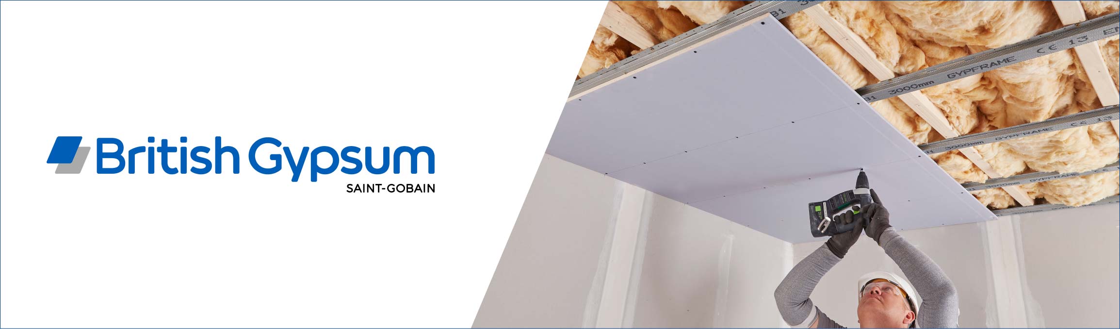 The image shows the British Gypsum logo on the left, and on the right an image showing a construction worker installing a plasterboard ceiling.