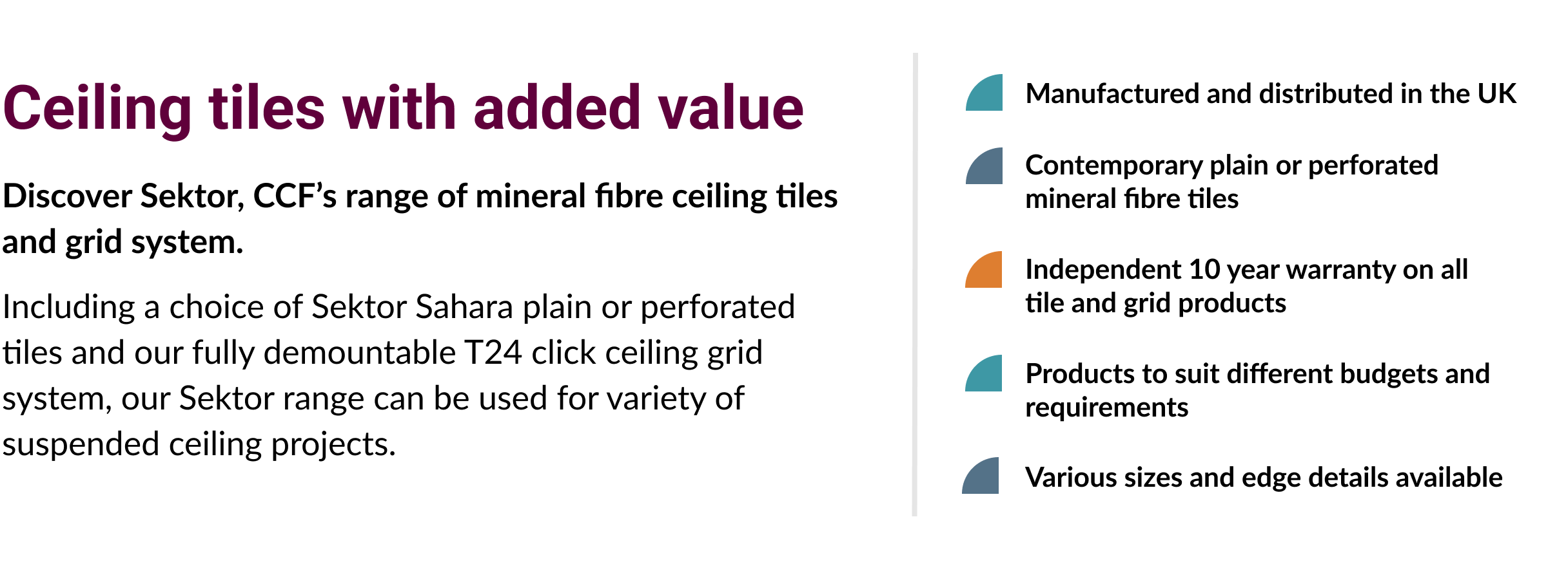 The image contains a paragraph and bullet points about the characteristics and attributes of the Sektor ceiling tiles