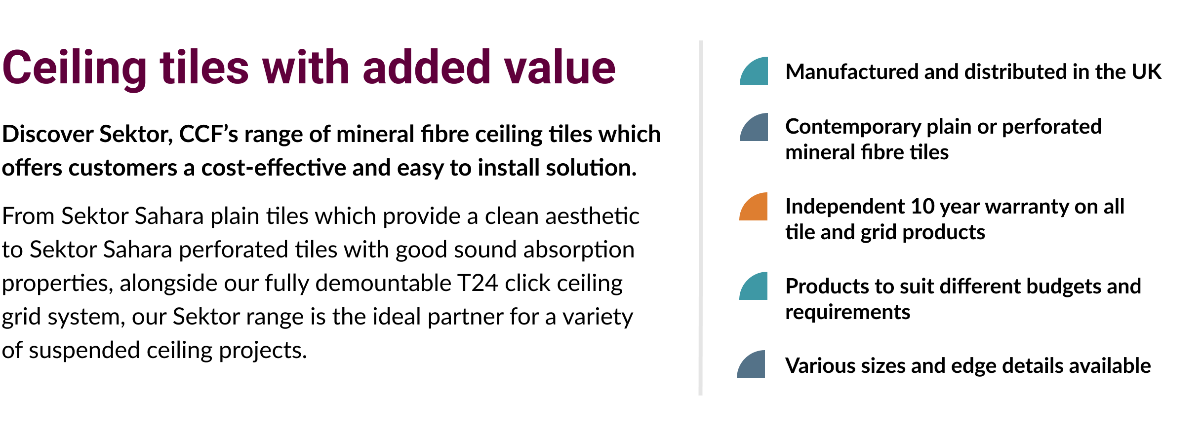 The image contains a paragraph and bullet points about the characteristics and attributes of the Sektor ceiling tiles