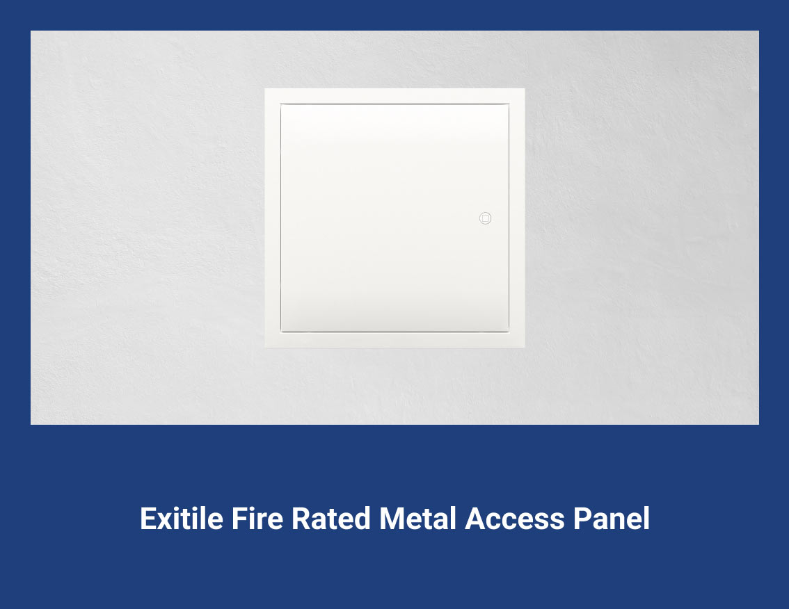 The image shows Exitile’s fire rated metal access panel