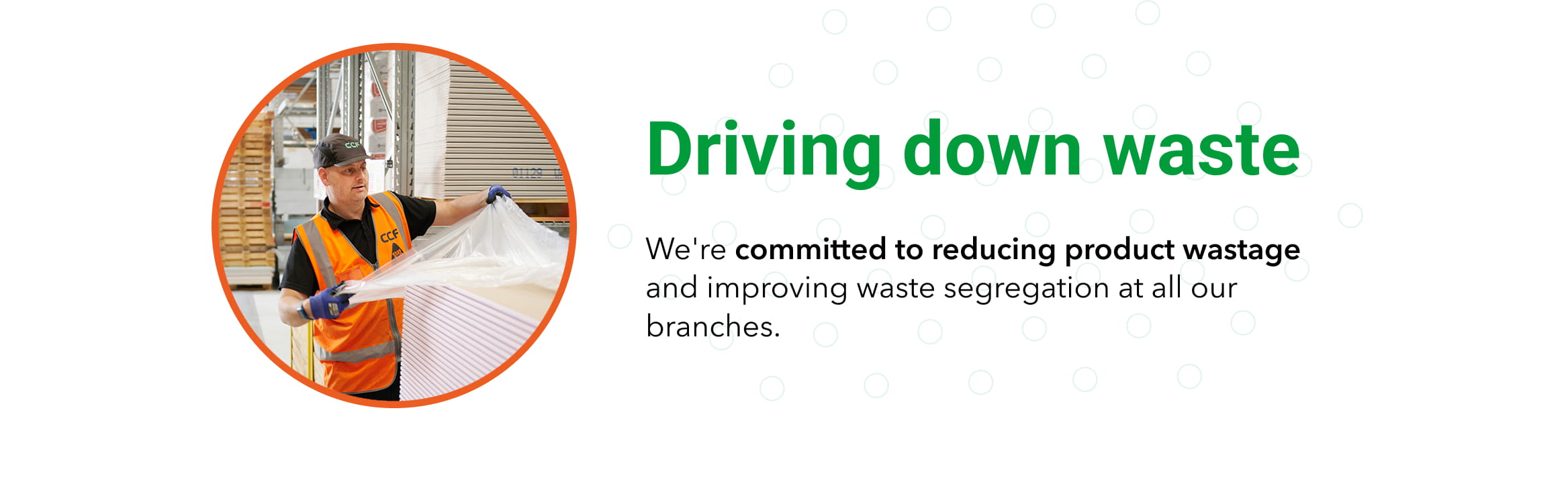 White image that reads in green letters 'driving down waste'. 