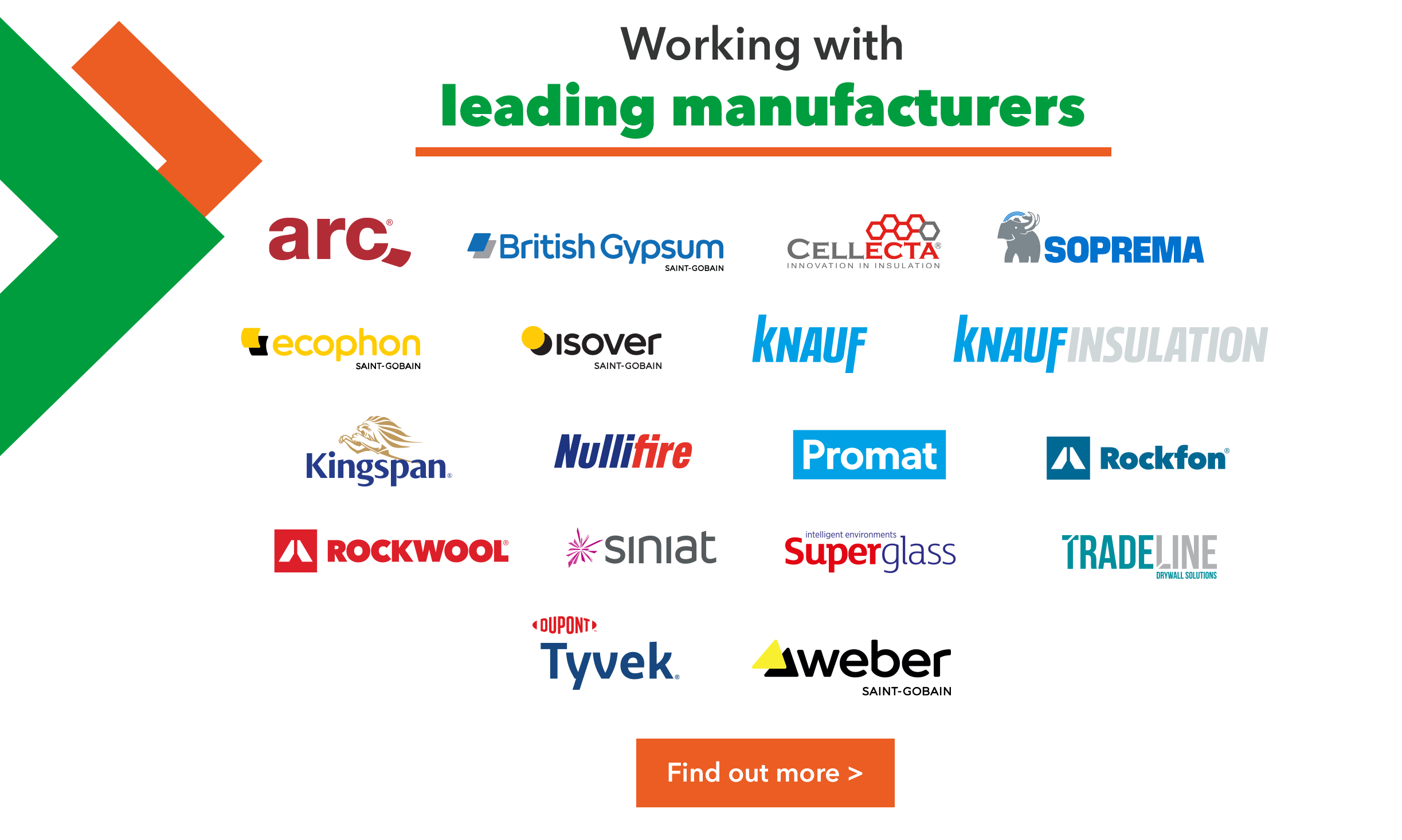 A list of CCF suppliers logos including Rockwool, Knauf, Metsc, isover, Knauf Insulation, Promat, Zentia Ecophon, Tyvek, Soprema and more.