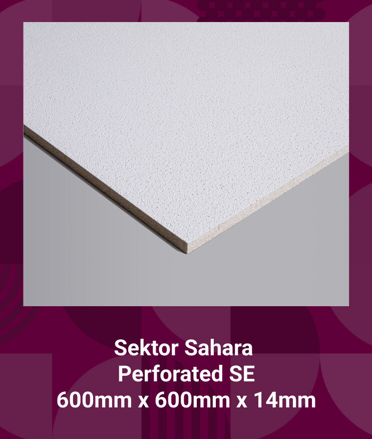 The image shows a Sektor Sahara Perforated SE 600mm x 600mm x 14mm ceiling tile